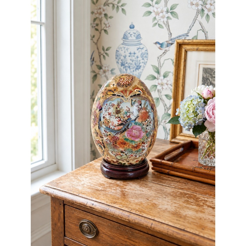 Vtg Chinese Decorative Egg Satsuma Style Porcelain Pheasant Gilt Chinoserie 7"